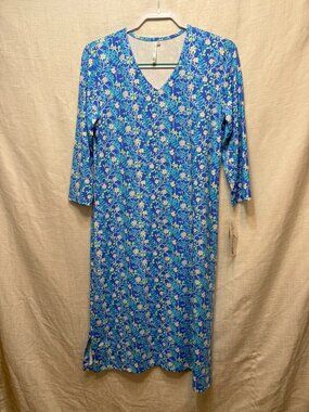 NWT Lulu-B UPF 50+ Sun Protection Blue Floral Midi Stretch Dress Size Medium